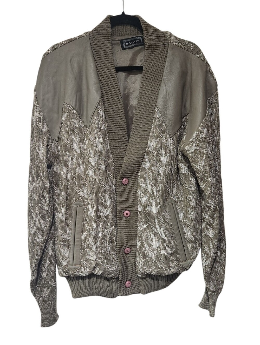 Vintage Bomber Jacket Sweater Button Front Leather Patches Olive Green Size M